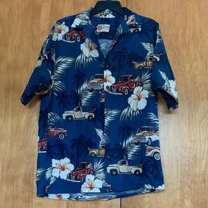 Hilo Hattie 100% Cotton Hawaiian Vintage Trucks & Surfboards Blue Shirt Sz M